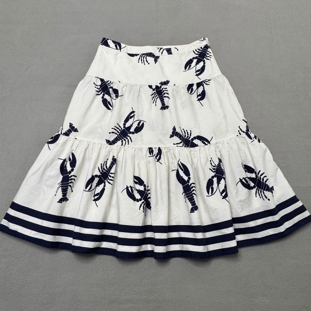 J.Crew Tiered Skirt Women 6 White Navy Lobster Cotton Nautical Preppy Striped
